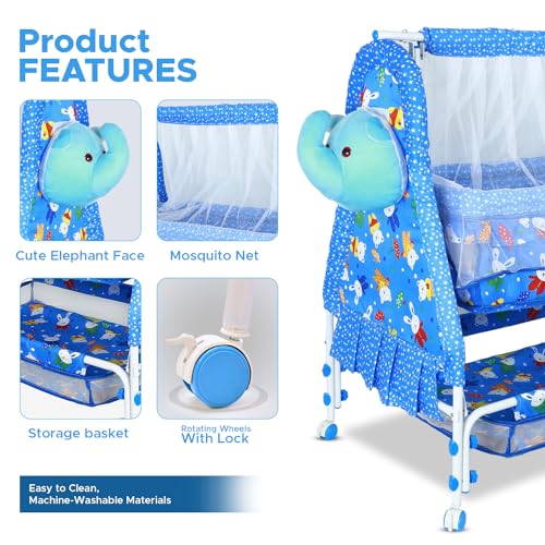 Image of BUBBLEBABY Baby Cradle | Jhula | Baggi | Palna | Ghodiyu | Ventilated | with Swing & Mosquito Net | 0-12 Months | Four Wheels with Brake | Storage | Polypropylene | Safe & Sturdy | Foldable | Blue