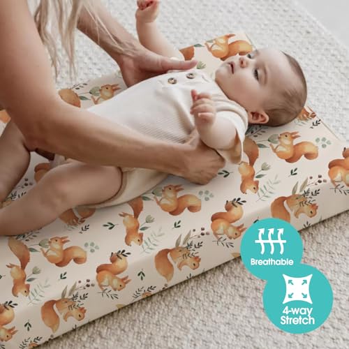 Image of BROLEX Changing Pad Covers for Baby: Boy Girls Ultra Stretchy Soft 2 Pack, Squirrel Foliage