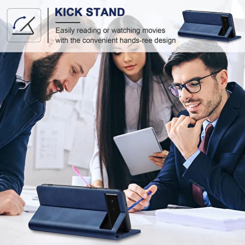 Image of Jasonyu Flip Wallet Case for Google Pixel 6 5G,Leather Magnetic Folio Cover with Card Holder,Kickstand - TPU Shockproof Durable Protective Phone Case,Blue