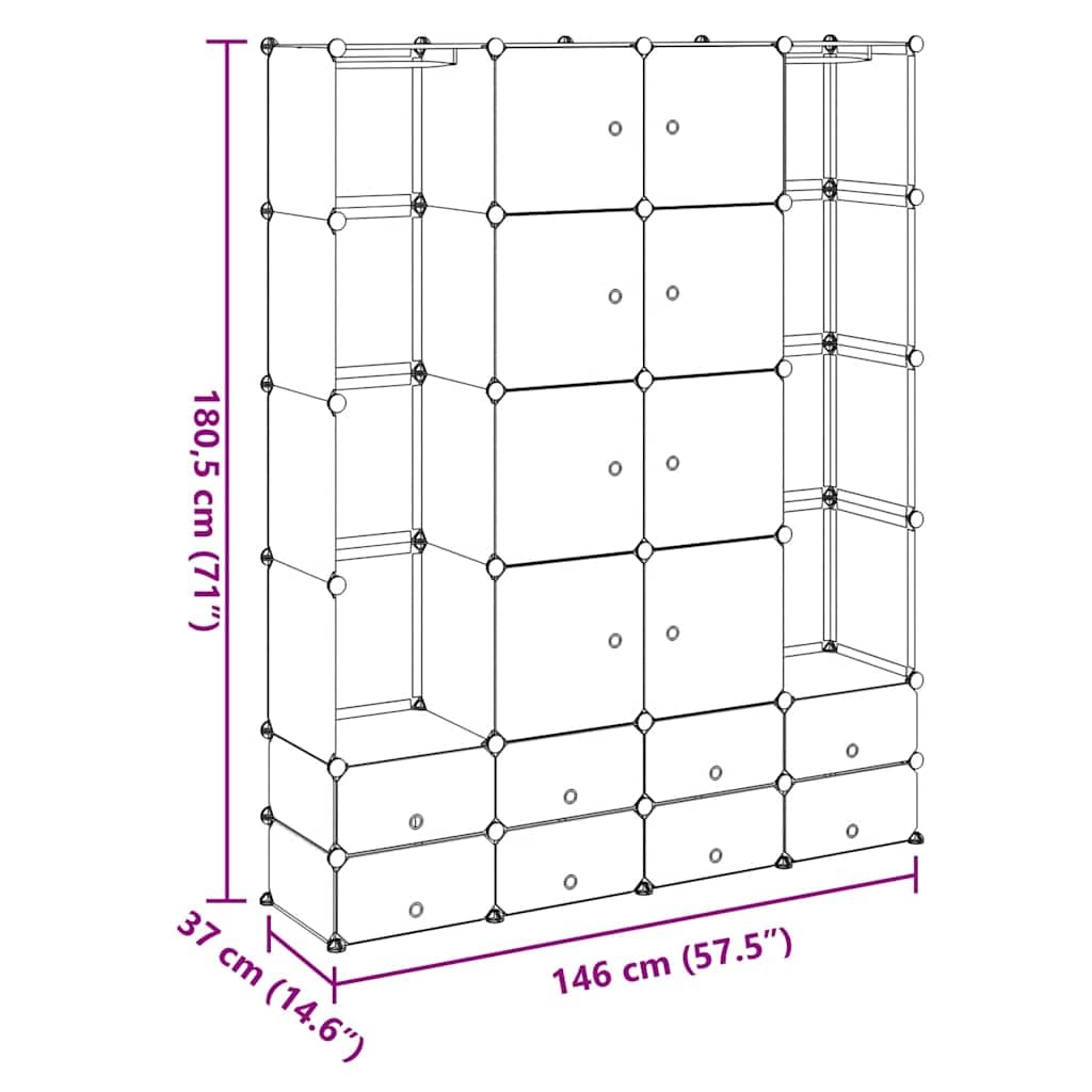 Modularer Schrank mit 18 Fächern schwarz weiß 37x146x180,5cm vielseitiger Stauraum für Schlafzimmer Kinderzimmer Flur Organizer mit Schubladen und Kleiderstange