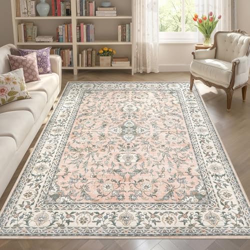 Tortania Area Rug Living Room Rugs - 6x9 Washable Boho Rug Vintage Oriental Distressed Farmhouse Large Thin Indoor Carpet for Living Room Bedroom Under Dining Table Home Office - Floral Pink