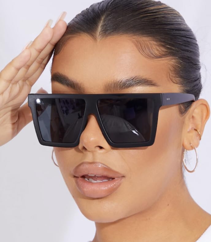 Large Frame Square Sunglasses | Sunglasses for Women Large Frame Fashion Classic Shades | Black Frames and Black Lenses with Gold Emblem - Black2