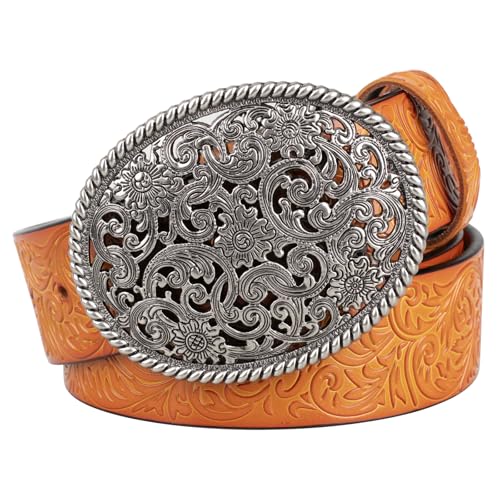 Western Leather Belt Strap for Men Women Cowboy Cowgirl Leather Mens Belts for Jeans, Large Western Engraved Buckle Embossed Belt,Orange,120CM/47.3''
