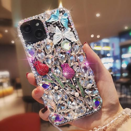 Coque iPhone 15 blanc FullStone fait main luxe et paillettes 3D