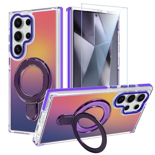 Image of Magnetic for Samsung Galaxy S24 Ultra Case with Stand [Compatible with Magsafe] [Cute Fluorescent Design] [1 Screen Protector] Slim Translucent Matte Case for Galaxy S24 Ultra 6.8 inch, Purple