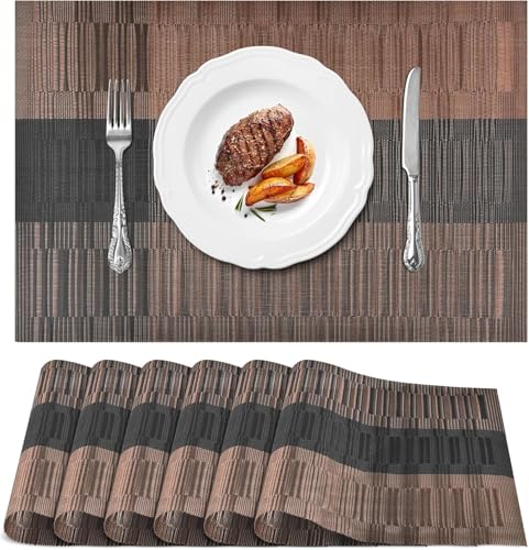 Image of Washable PVC Heat Resistant Colorful Place Mats for Kitchen Dining Table Mates Washable Heat-Resistant for Dining Table (Brown & Black, Pack of 6)