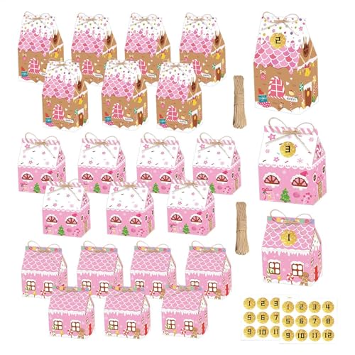 Cajas de Navidad con forma de casa – Cajas de regalo de casa de jengibre | Juego de 24 cajas de regalo de Navidad para aperitivos, macarrones, dulces, regalos, bonitos suministros de fiesta de Navidad