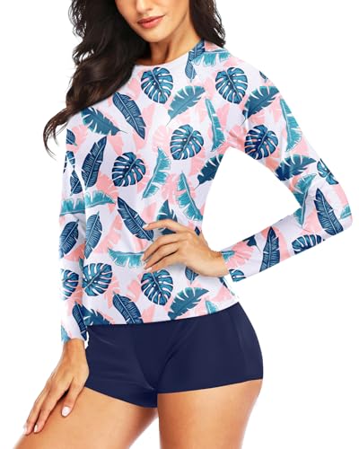 Image of Daci Women Two Piece Rash Guard Long Sleeve Swimsuits with Short UPF 50+ | UPF 50+,High Waisted Short,Long Sleeve,High Neck,Built-in Brief,Quick Dry
