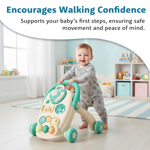 Image of Amazon Brand - Supples Baby Walker with Music, LED Lights & Handle | Push Activity Walker with Water /Sand Tank for Stability | Learning Toy for Toddlers 9+ Months | Beige & Sea Green