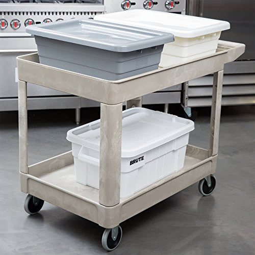 Image of Rubbermaid Commercial Products Heavy Duty 2-Shelf Utility /Service Cart, Medium, Lipped Shelves, Storage Handle, 500 lbs. Capacity, Beige, for Warehouse /Garage /Cleaning /Maintenance