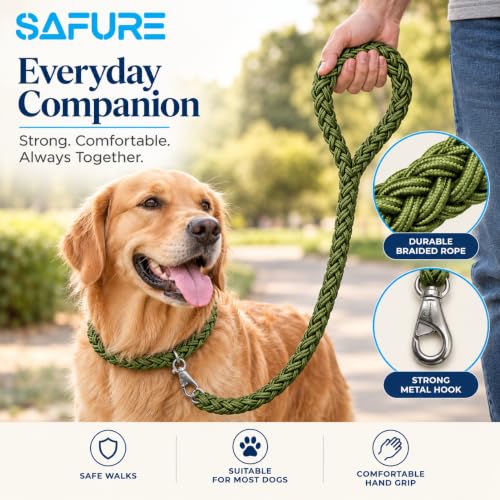 Image of Dog Leash Heavy Duty, Braided Nylon 120 cm Long and 3 cm Wide Dog Belt for Large Dogs and Medium Dogs, Walking Rope with Loop Handle and Swivel Metal Hook (Green)