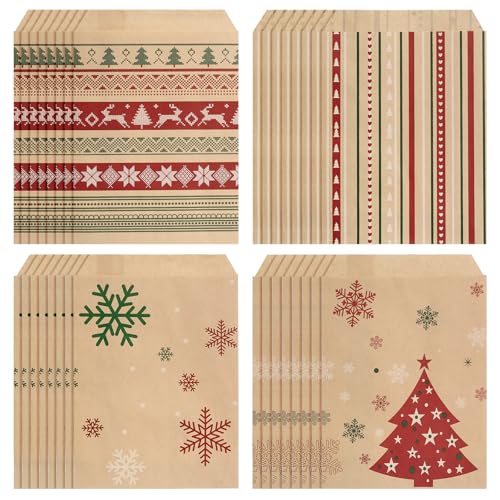 LEMESO 56 Bolsas de Papel Kraft para Regalos 13x18 cm, Bositas Navideñas de 4 Diseños Bolsa Pequeña de Dulces con Pegatinas para Fiestas