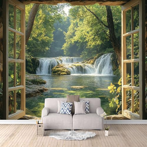 Papel Tapiz Fotográfico 3D Lago Con Cascada En El Bosque 150x105 cm Papel Pintado Panorámico, Fuera De La Ventana Murales Decoración Pared Moderna para Cuarto de Niño, Salón, Oficina