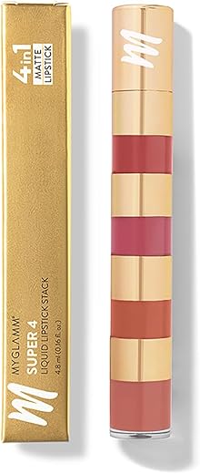 MyGlamm Super 4 Liquid Lipstick Stack – Nude Mood (Rose + Mauve + Brown + Pink) | Lipstick Combo Of 4 | Non Transfer, Smudge Proof 4 in 1 Velvet Matte Lipstick (4.8ml)