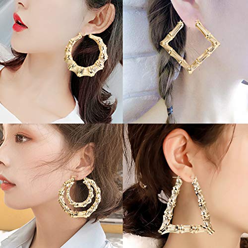 HANPABUM Bamboo Hoop Earrings for Women Gold Bamboo Heart Hoop Earrings 90s Large Geometric Door Knocker Earrings Hip-Pop Fashion Rapper Jewelry, 3-6Pairs2