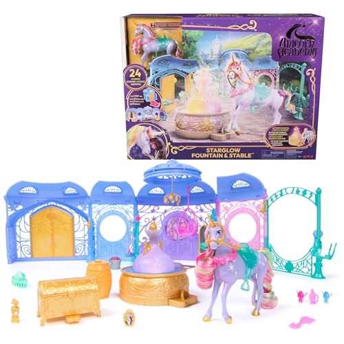 Unicorn Academy - Set de Juego Estable de 90 cm, Incluye Fuente con Efectos de luz y Sonido, Unicornio de 12 cm y 24 Accesorios, Juego Original de la Popular Serie Netflix, para niños a Partir de 4