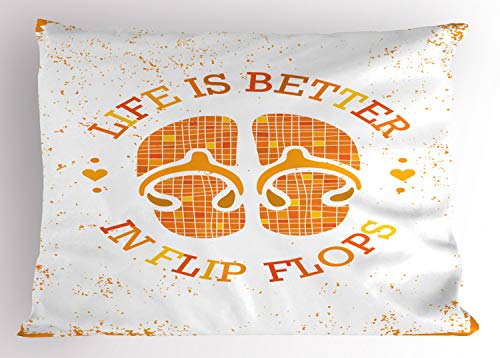 Ambesonne Flip Flop Pillow Sham, Stained Grungy Design of Circular Life is Better in Flip Flops Text, Decorative Standard Queen Size Printed Pillowcase, 30