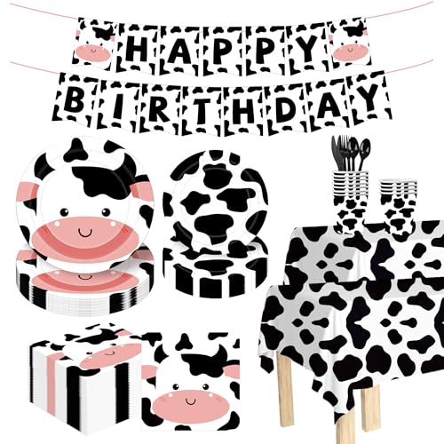 Sveikie 178pcs Cow Theme Birthday Party Decorations Set -Cow Party Cow Print Plates And Napkins Paper Cup Tablecloth Banner Black Plastic Silverware Farm Birthday Decorations Serves 30