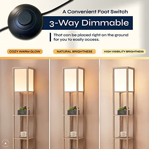 Atamin Alvin - 72" Dimmable Led Floor Lamp With Shelves, 3-Way Switching Led Shelf Floor Lamp, Modern Led Standing Lamp For Living Room And Bedroom, Rustic Wood #TOP2