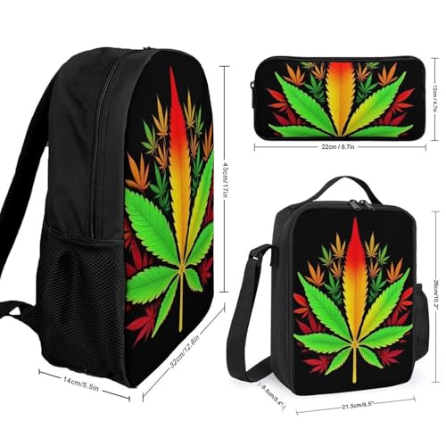 17 Inch Backpack with Lunch Bag and Pencil Case Set Rasta Flag Weedleaf Leaves Casual Daypack Insulated Lunch Box Stationery Organizer Pouch2