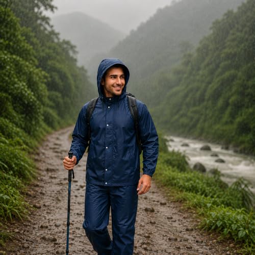 Image of Unox Rain Coat for Men waterproof with Bagpack Cover Waterproof Raincoat with Pant Set suitable for Men, Women, Boys & Girls Adjustable Top and Bottom Rain Coat