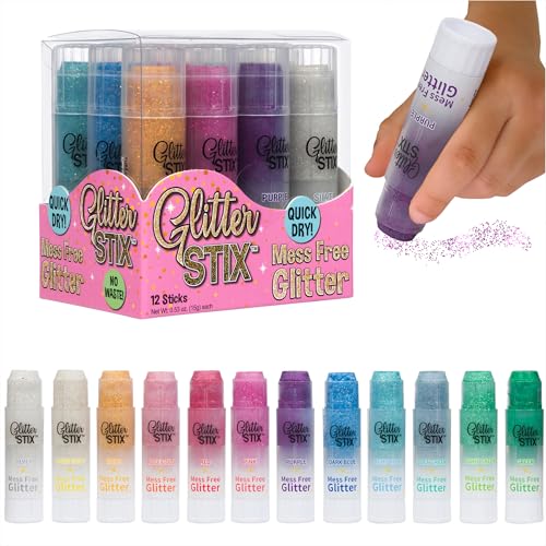 Glitter Stix Mess-Free Glitter Sticks Set of 12 Colors - Solid Shimmer Topcoat for Coloring Pages Crafts & Art Projects No Loose Glitter or Glue Pairs with Kwik Stix Paint Sticks for Kids