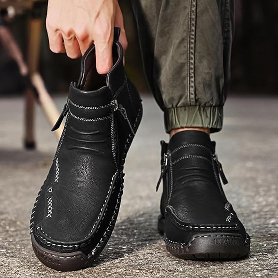 Men's Leather Ankle Boots for Hiking Camping & Driving Fashion Retro Side Zip High Top Outdoor Walking Sneakers Optional Warm Velvet Lining Snow Boots2