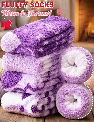 Image of Womens Fuzzy Socks Warm Fluffy Cozy Winter Slipper Thick Fleece Heart Socks 5 Pairs