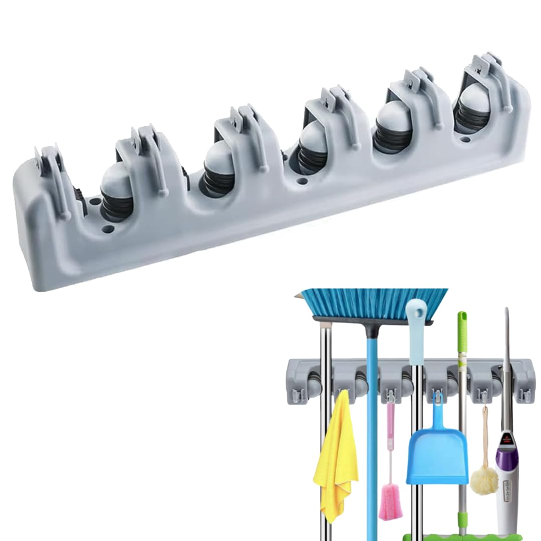 MARKQ Mop Broom Holder, Wall Mounted Storage Organizer Garden Tool Rack with 5 Position 6 Hooks for Home Kitchen Laundry Brush Garage Tools Storage Bathroom Mop Hook
