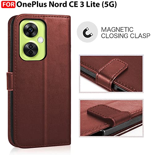 Image of CEDO Flip Cover for OnePlus Nord CE 3 Lite (5G) | Leather Finish | Inside Pockets & Inbuilt Stand | Shockproof Wallet Style Magnetic Closure Back Case Flipcover (Brown)