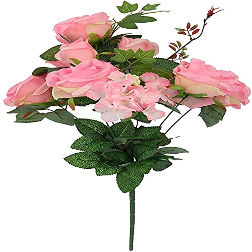 YYHMKB Bouquet de 9 têtes de Roses et d'hortensias ! Bouquet de tiges de Fausses Fleurs en Soie Artificielle [Violet] Rose