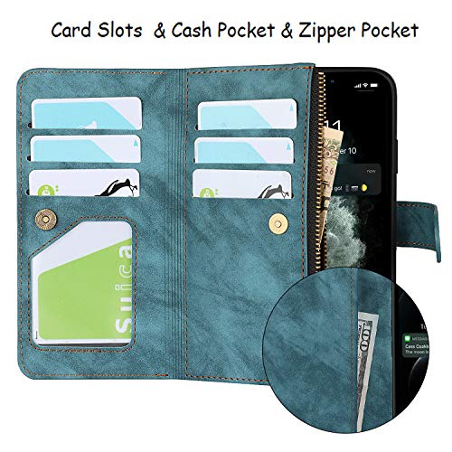 Jaorty Wallet Case Compatible with iPhone 11 Pro Max,[6 Card Slots] [Wrist Strap] [Stand Feature] Detachable 2 in 1 Magnetic Zipper Leather Slim Cover Case for iPhone 11 Pro Max,6.5 inch Blue - Thumbnail 7