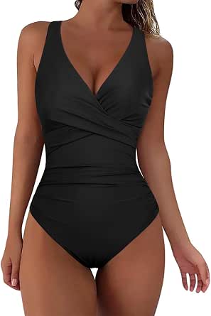 Hilor Women's Underwire One Piece Swimsuit - Criss Cross Push Up, Tummy Control Retro Bathing Suit