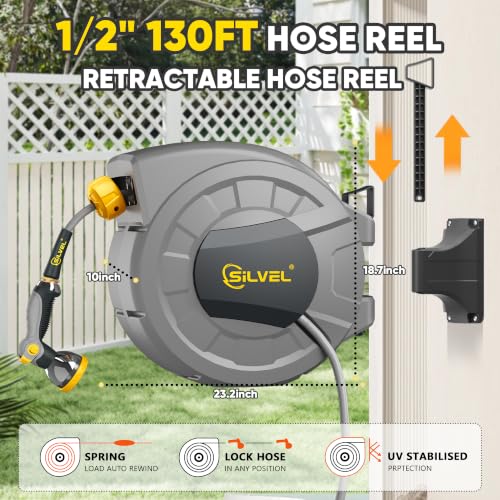 Image of Retractable Garden Hose Reel, 1 /2 inch x 130ft Wall Mount Heavy Duty Automatic Hose Reel with 10 Pattern Nozzle, Any Length Lock & Slow Return System, 180Swivel Bracket Upgraded UV Resistant,Yellow