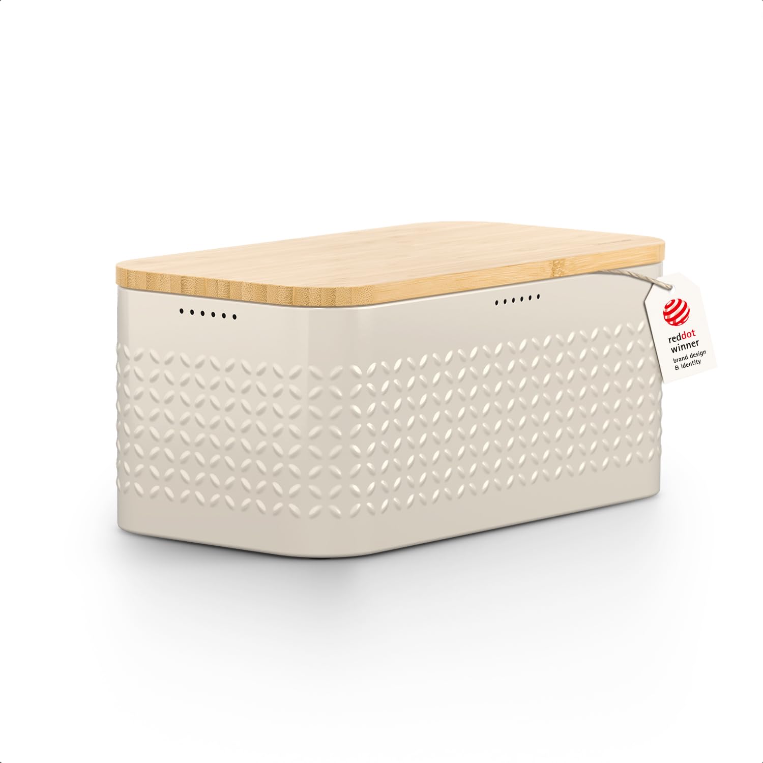 LARS NYSØM Bread Box I Metal bread box for long lasting freshness with non-slip pads I Baked goods Bin with bamboo lid usable as cutting board I 34.5x18.5x15.8cm (Cream Beige)