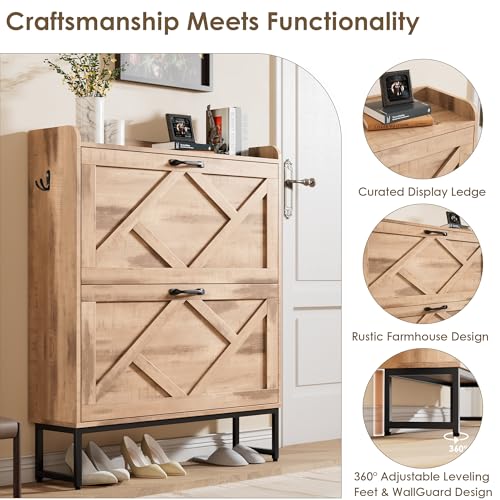 Image of Nicetree Shoe Cabinet with 2 Flip Drawers，Freestanding Shoe Storage Cabinet, Narrow Shoe Organizer Cabinet, Farmhouse Slim Shoe Rack Cabinet for Entryway, Oak with Hook