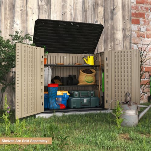 Image of KINYING Outdoor Storage Shed - Horizontal Storage Cabinet Waterproof for Garden, Patio, Backyard, Storage Box for Easy Storage of Garbage Cans, Tools, Lawn Mower, 35 Cubic Feet,Dark Brown