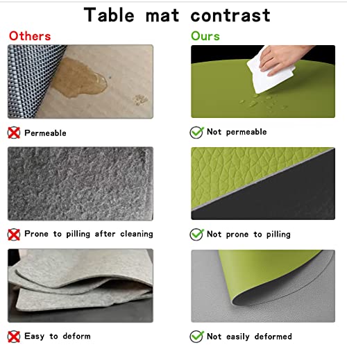 Faux Leather Placemats And Coasters Set Of 6, Dual-Sided Round Place Mats For Kitchen Dining Patio Table, Washable Oval Modern Table Mates, Non-Slip Heat Resistant Coffee Mates, Green Grey Placemats #TOP4