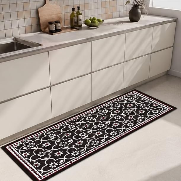 Image of HomeCloud Rubber Kitchen Mats for Floor Set of 2 Pcs | Non-Skid, Soft Absorbent Rugs for Kitchen, Laundry, and Hallway | 120x40cm, 40x60cm| 4mm Thickness (Black Trap Flower)