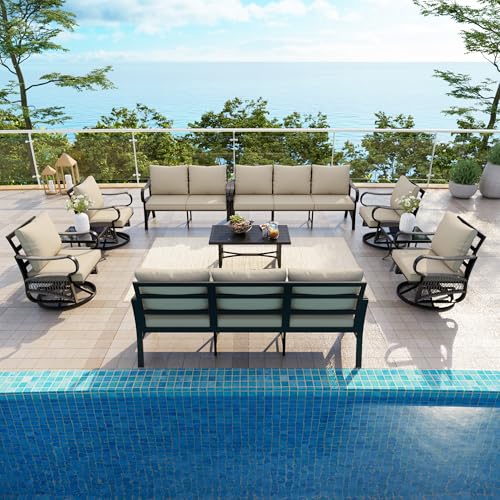 Image of 10 Pieces Patio Conversation Sets, All-Weather Metal Swivel Rocking Chairs with Rope Furniture Set, Outdoor Sofa Couch for Deck, Porch, Garden, Backyard, Poolside (Beige Cushions)