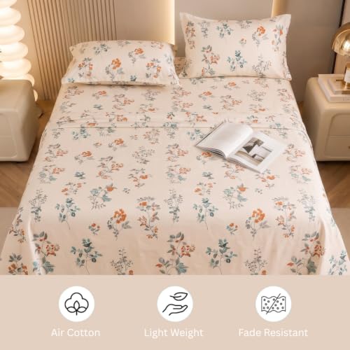 Image of Marrow Lane 300 TC Soft Air Cotton Double Bedsheet with 2 Pillow Covers | Amber Bloom Botanical Floral Print | Breathable Flat Sheet | 228.6 x 254 cm | Ivory & Orange
