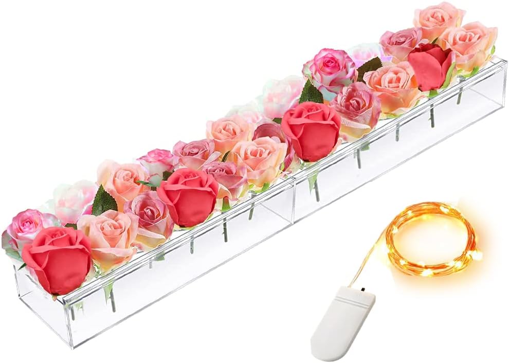 Acrylic Flower Vase, 24 Inches 24 Holes Rectangular Long Flower Vases for Centerpieces, Acrylic Flower Box for Dining Table, Low Floral Vases for Anniversaries, Romantic Dinners, Home Decor, Weddings