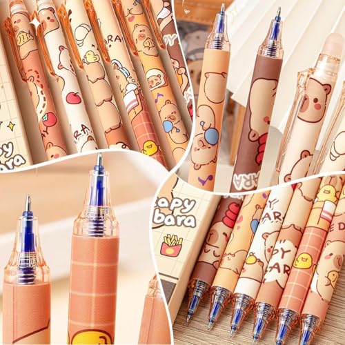 Image of Capybara Erasable Gel Pens Set, Blue Ink, Cute Cartoon Design with Rubber Eraser Cap, 6 Pieces, Student Writing and Office Stationery Gift Set (Capybara)