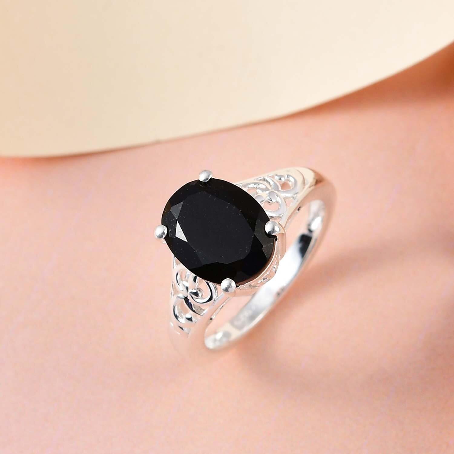 Black Tourmaline Ring 925 Sterling Silver Split Shank Vintage Statement Engagement Women Jewelry Birthday Christmas Gifts for Women