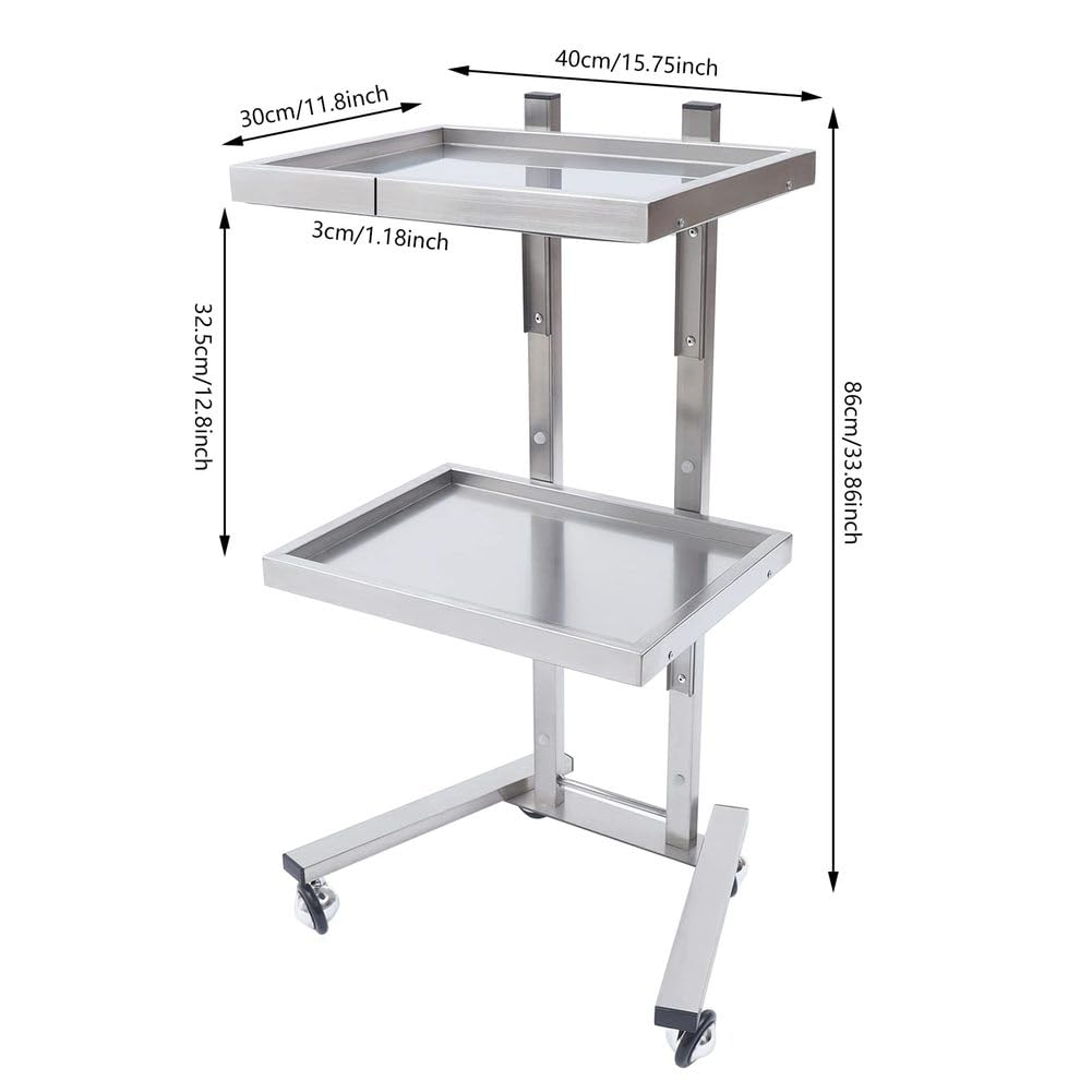Carrito rodante de acero inoxidable de 2 niveles, carrito de servir plegable con ruedas, bandeja versátil para tatuajes, belleza y uso en la cocina, diseño duradero y portátil