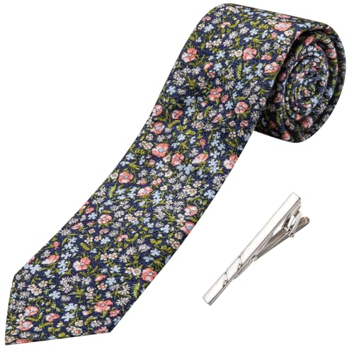 Image of Barry.Wang 100% Cotton Floral Ties for Men 63 inch Extra Long Necktie Clip | Fashion Cotton Printed Neckties,Wildflower 2.76 inch Ties Skinny,Gift Box,Groomsmen Wedding Engagement Graduation