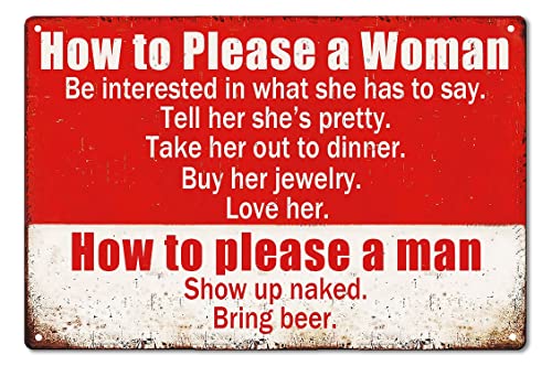 Fmcmly Funny Garage Sign Humor Man Cave Bar Art Decorations, How To Please A Woman And A Man Sign, Vintage Metal Tin Signs Home Kitchen Bedroom Wall Decor 8x12 Inch