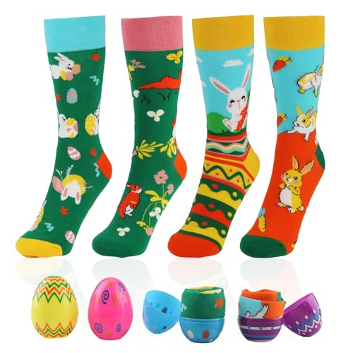 JINXIAN Lot de 4 Oeuf de Paques Plastique avec 4 Chaussettes Lapin Oeuf de Pâques Réutilisables et Remplissables de Bonbons et de Chocolats Cadeau de Pâques...