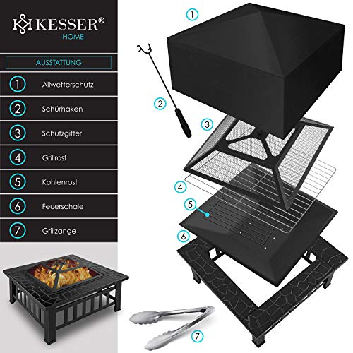 KESSER® Feuerstelle mit Grillrost & Grillzange Feuerschale 82x82x50cm, 3in1 Multifunktional Fire Pit für Heizung/BBQ Grill, Garten Terrasse, Metall Feuerkorb mit Schutzhülle Schürhaken Funkenschutz – Bild 3