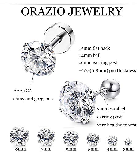 Orazio OIEH13-12S 12 Pairs 20G Stainless Steel Ear Stud Piercing Barbell Studs Earrings Round Cubic Zirconia Inlaid thumb #1